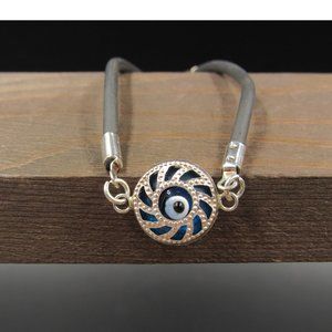 7" Sterling Silver & Rubber Blue Evil Eye Bracelet Vintage Elegant Beautiful